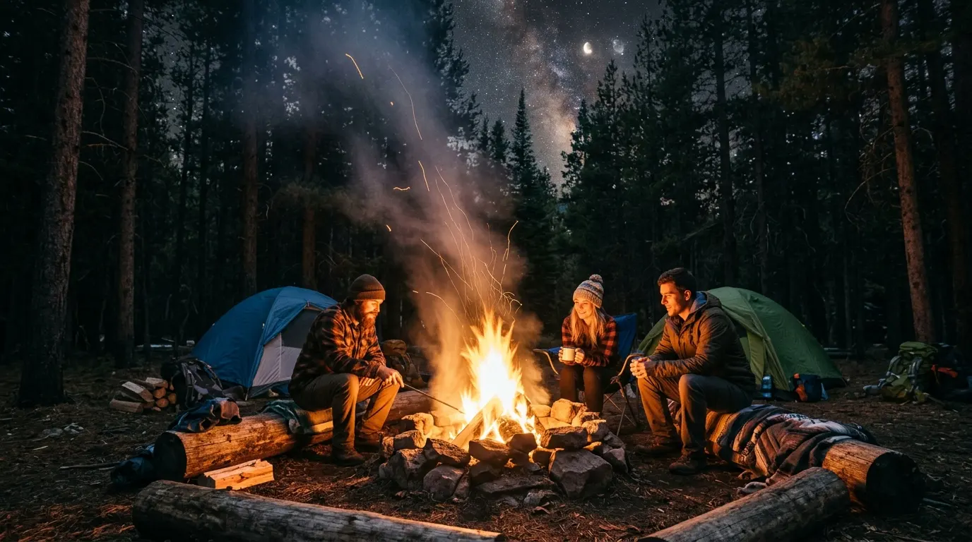 Feu de camp nuit forêt bivouac